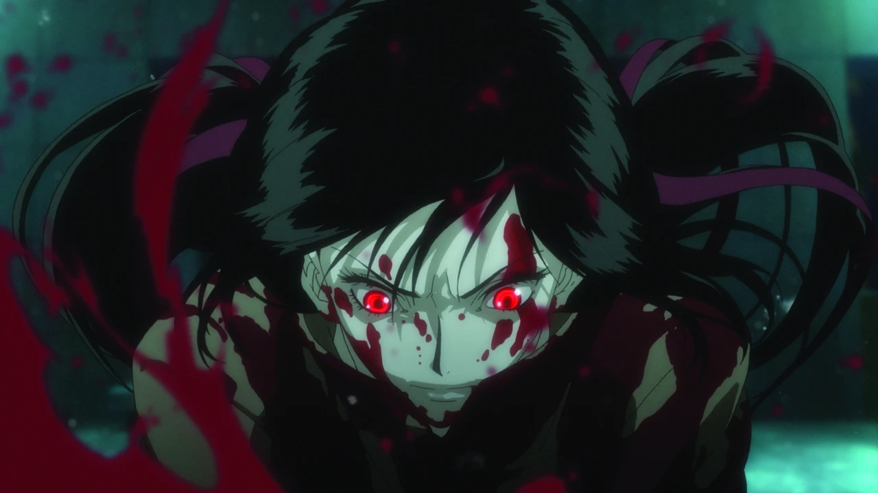 Saya Kisaragi cubierta de sangre, con la mirada enrojecida – Blood-C.