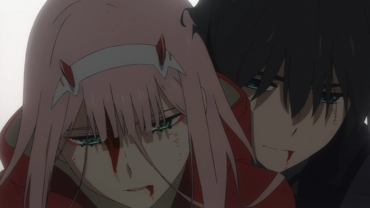 Zero Two y Hiro pilotando el FranXX Strelizia durante la etapa de mayor popularidad de la serie.