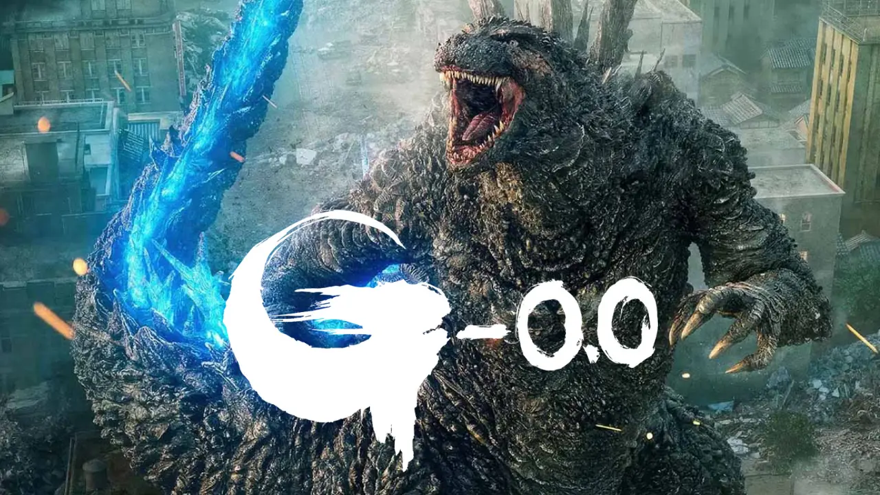 Logotipo oficial de Godzilla -0.0 escrito a mano por Takashi Yamazaki con godzilla de fondo