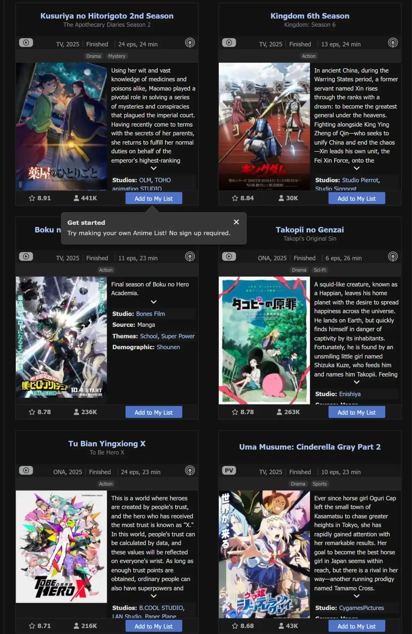 Captura de pantalla de la serie mostrando la calificación de 8.91 en MyAnimeList.