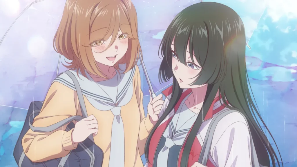 Protagonistas del yuri The Moon on a Rainy Night comparten un momento de complicidad silenciosa bajo la lluvia