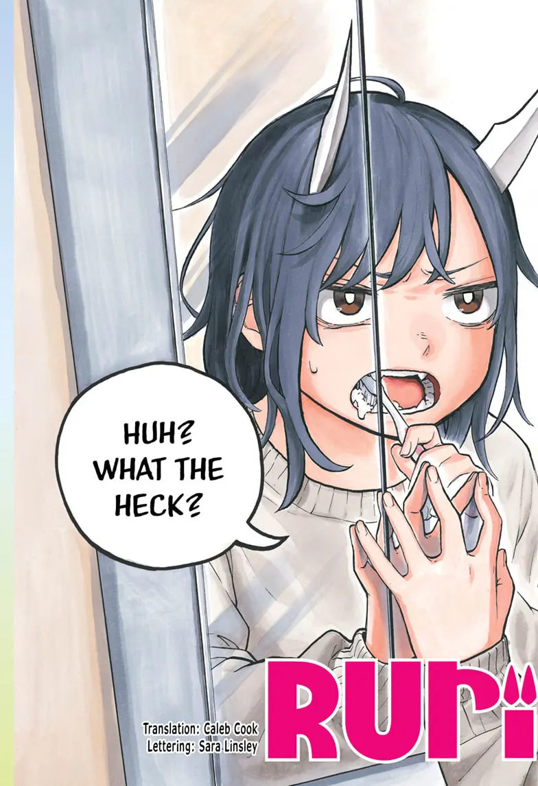 Ruri Aoki mostrando sus cuernos de dragón con una expresión de desconcierto