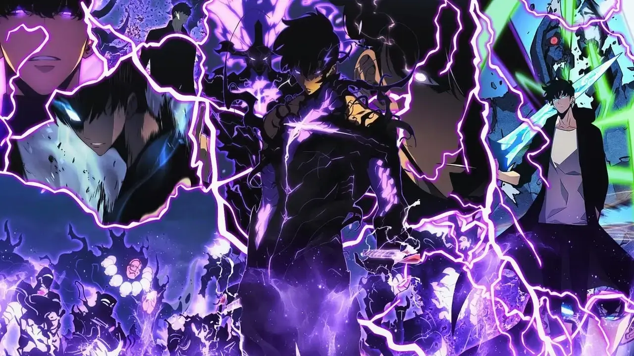 Sung Jin-woo en modo combate, rodeado por su sombra de élite