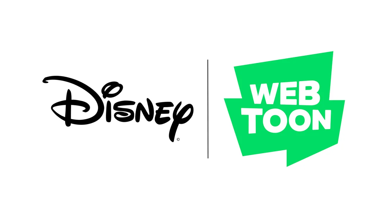 Logotipos de Disney y WEBTOON Entertainment sobre un fondo digital representando su nueva alianza estratégica de cómics