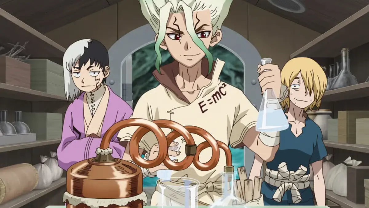 Senku realiza un experimento químico con precisión