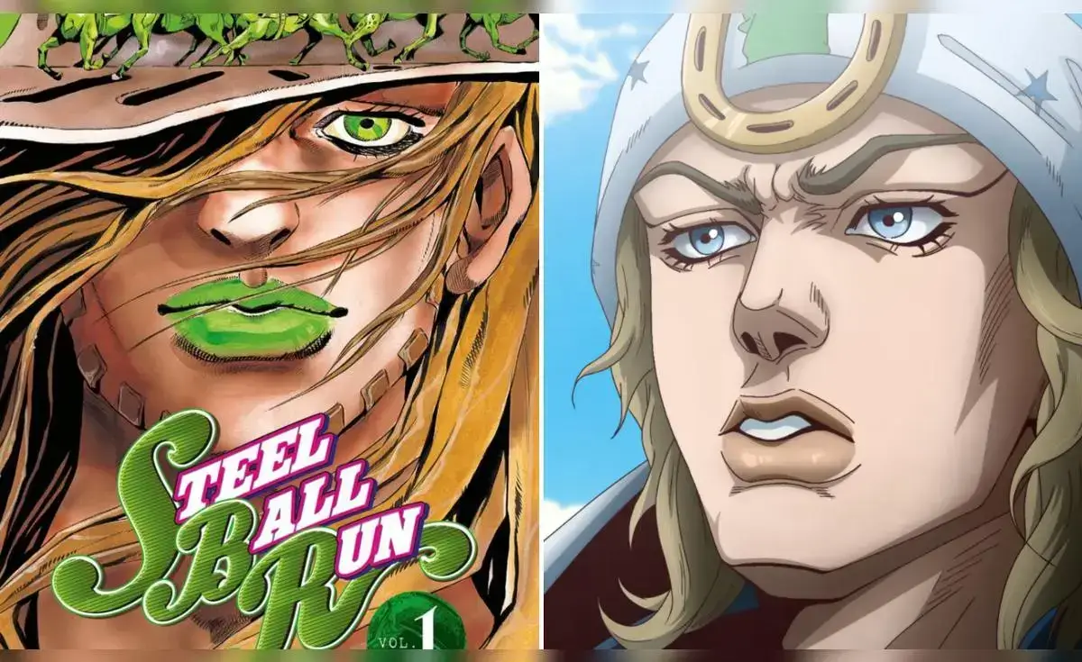 Comparativa entre la portada del manga Steel Ball Run y el diseño del personaje en el anime