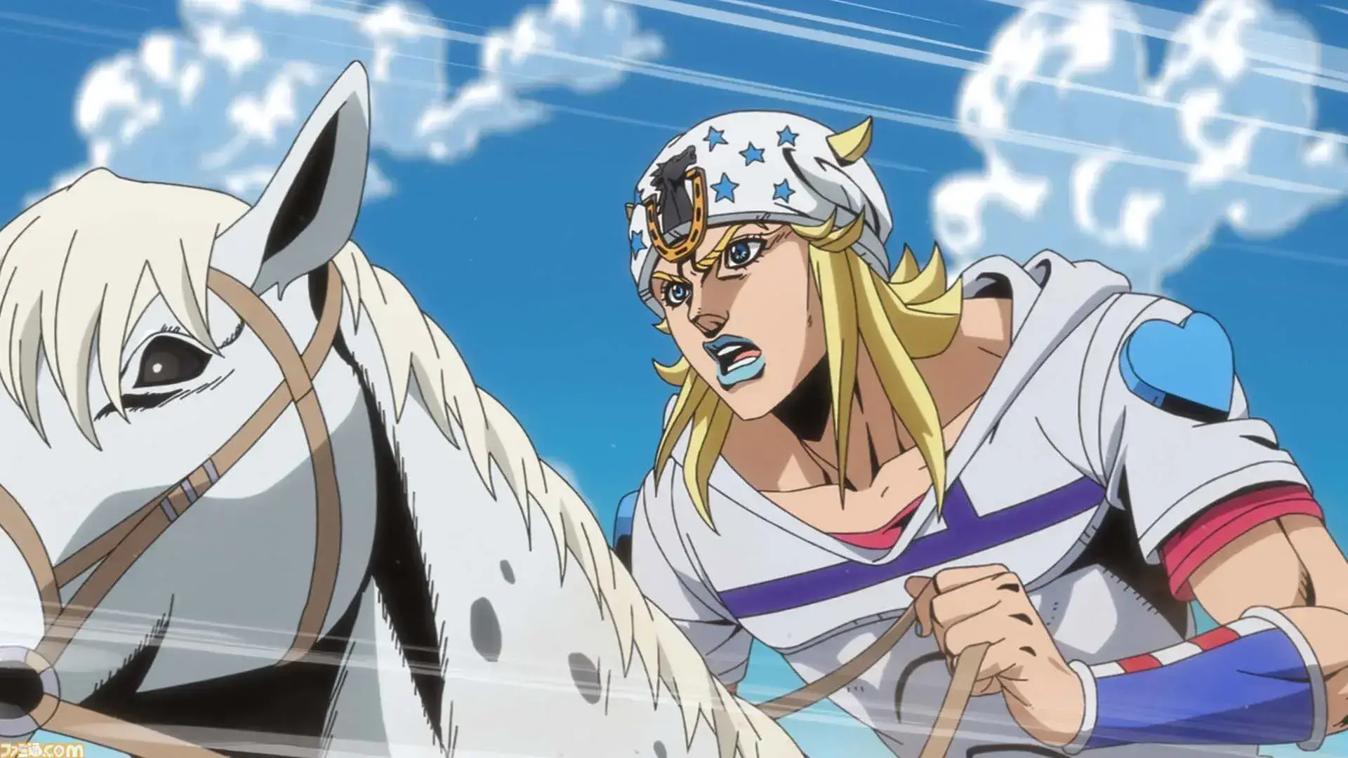 Plano del anime Steel Ball Run mostrando a un jinete y su caballo blanco durante una carrera