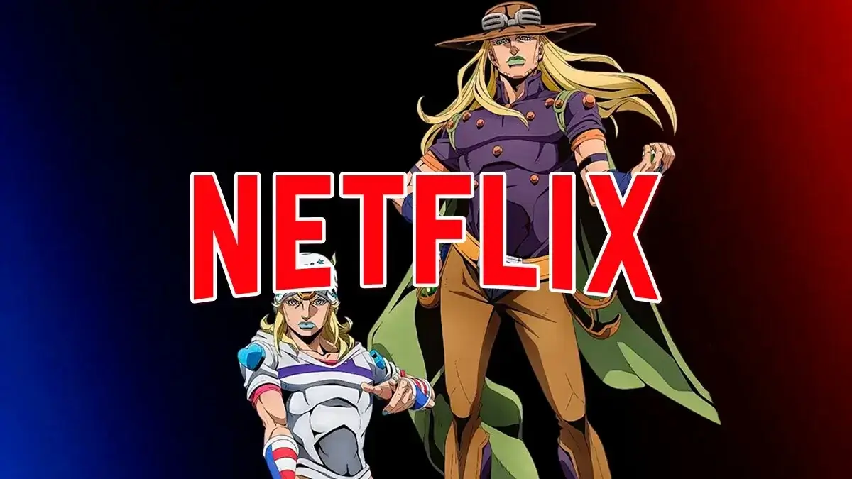 Póster de Steel Ball Run con dos personajes principales sobre fondo degradado azul y rojo y el logo de Netflix en grande