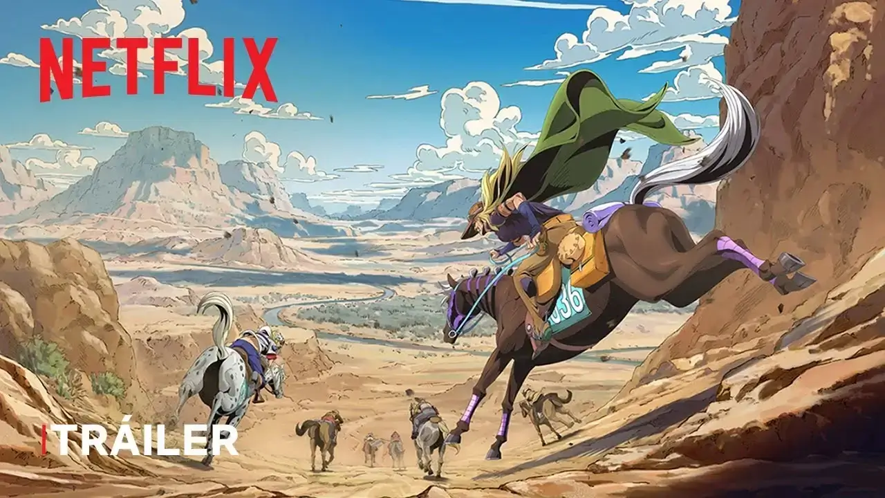 Ilustración promocional del anime Steel Ball Run en Netflix, con jinetes a caballo atravesando un desierto a gran velocidad
