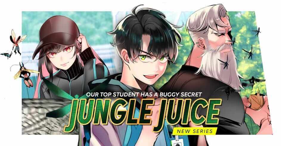 Arte del webtoon Jungle Juice mostrando a los personajes con mutaciones de insecto y poderes en un entorno académico