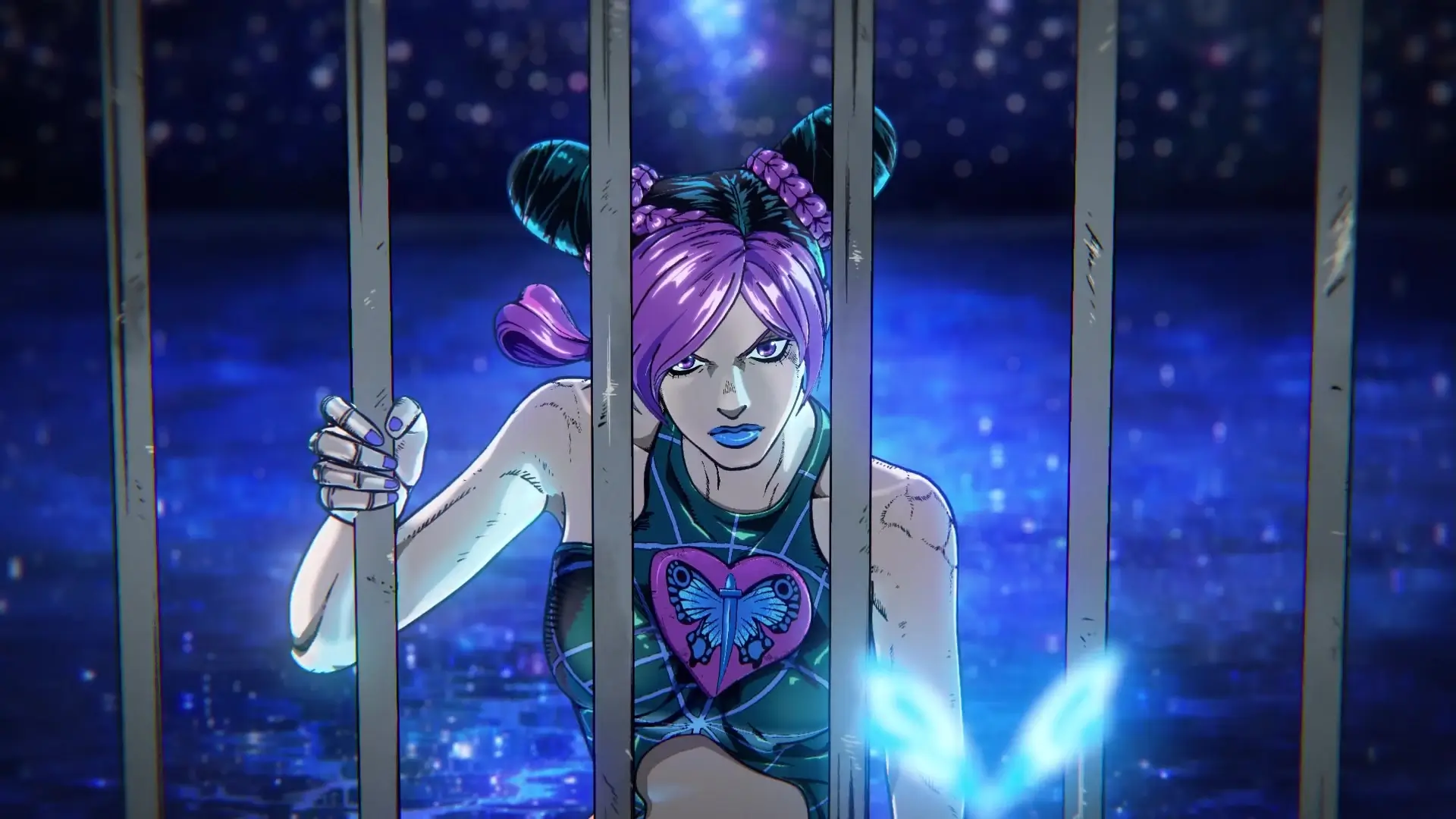 Escena del anime Stone Ocean con la protagonista agarrada a los barrotes de una celda sobre un fondo azul brillante
