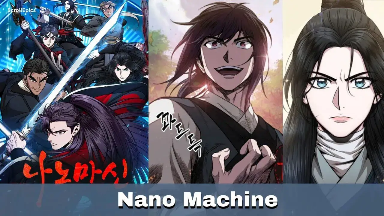 Arte del manhwa Nano Machine que combina escenas de artes marciales murim con elementos de nanotecnología futurista