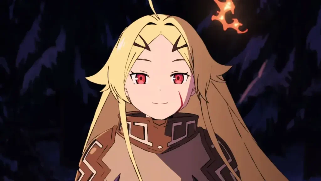 heroína penal protagonista de Sentenced to be a Hero, en un paisaje de batalla oscuro