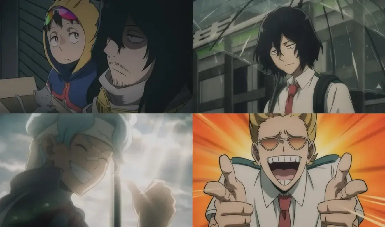 Escenas del anime My Hero Academia: Vigilantes con Aizawa joven, Knuckleduster, Present Mic y otros personajes clave del spin-off
