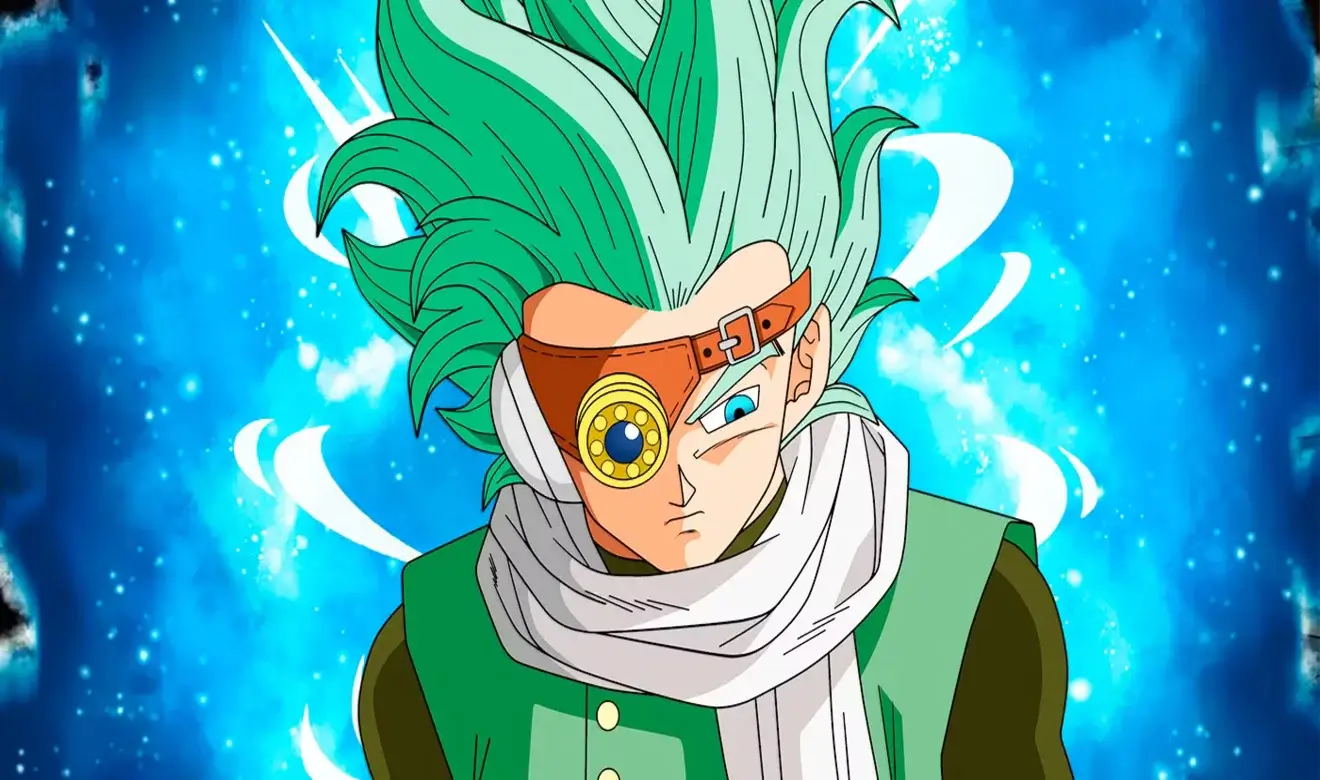 Ilustración de Granolah en Dragon Ball Super con el cabello verde y un aura azul brillante de energía en el fondo