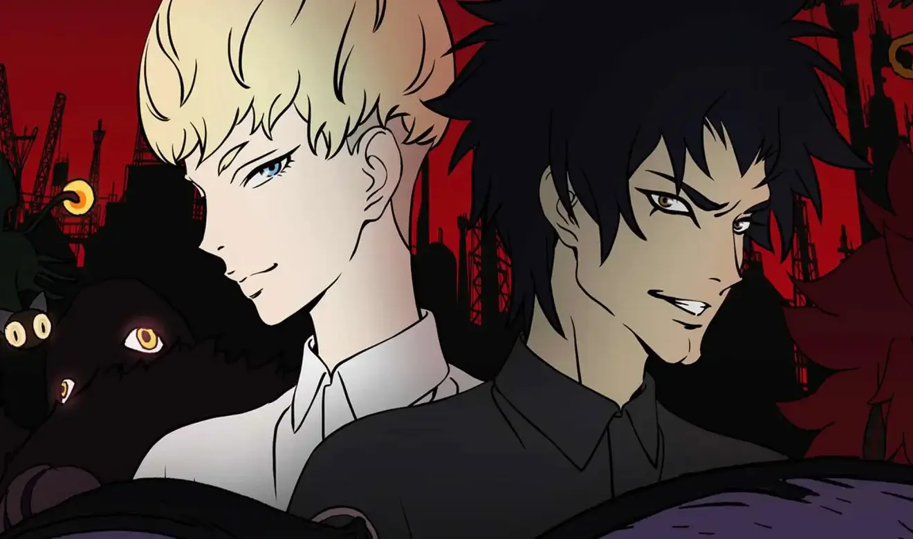 Ilustración de Devilman Crybaby con fondo rojo y criaturas oscuras en el anime de terror y fantasía de Netflix
