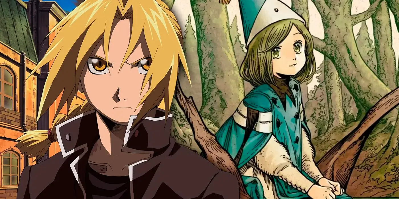 Montaje comparativo entre Edward Elric de Fullmetal Alchemist y un personaje de Witch Hat Atelier