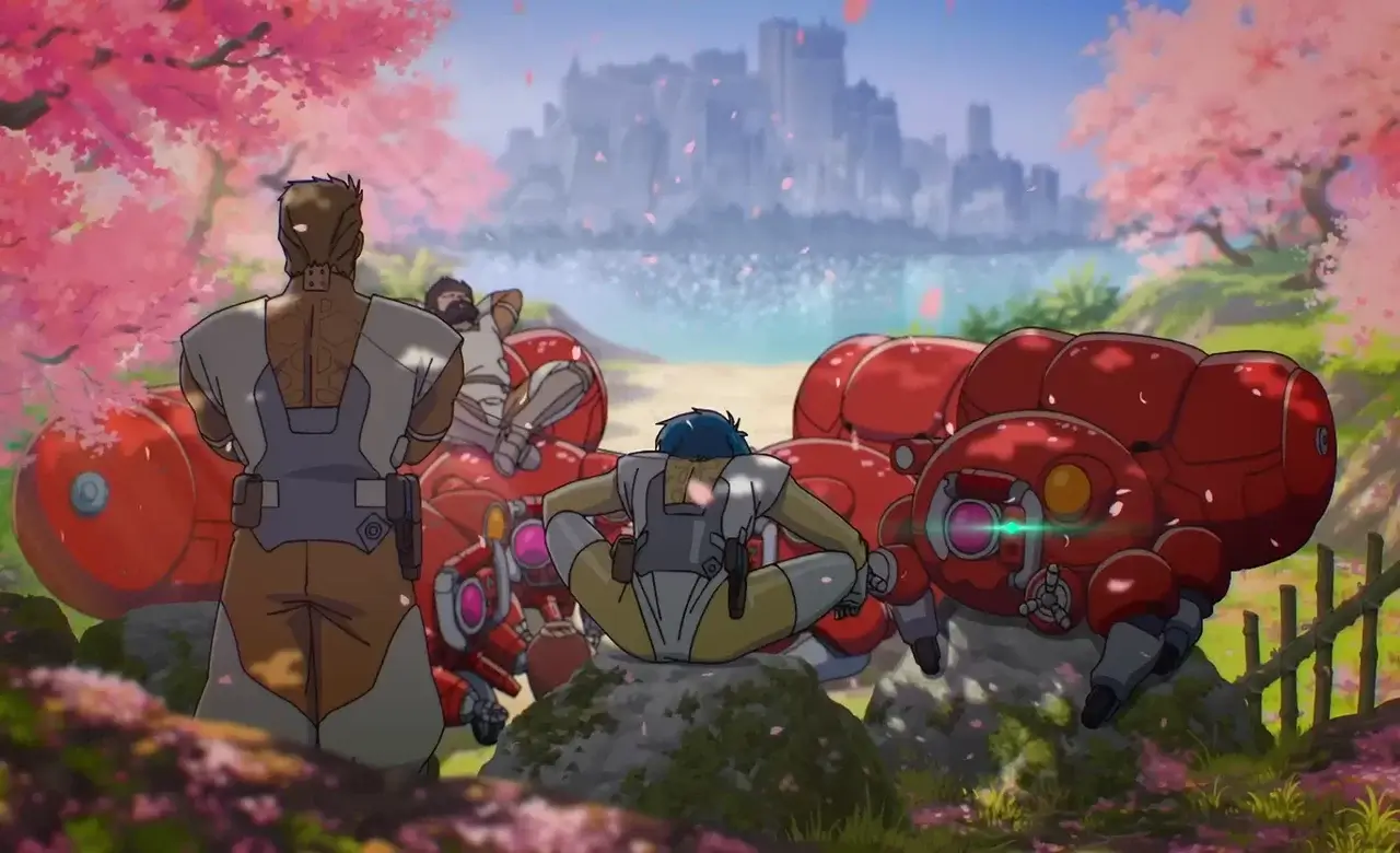 Imagen del nuevo anime de Ghost in the Shell con mechas rojos y ciudad futurista al fondo