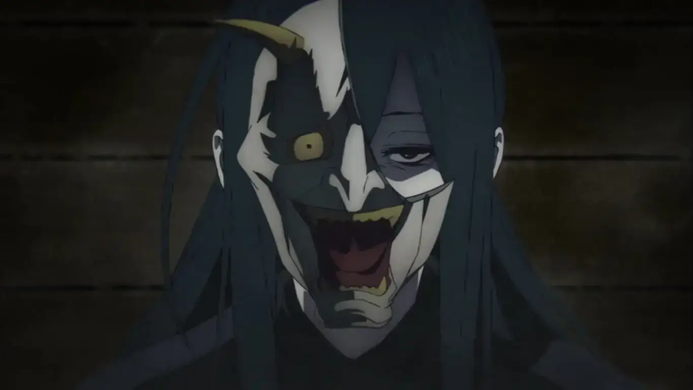 Primer plano de un personaje enmascarado con aspecto demoníaco en el anime Hell’s Paradise temporada 2