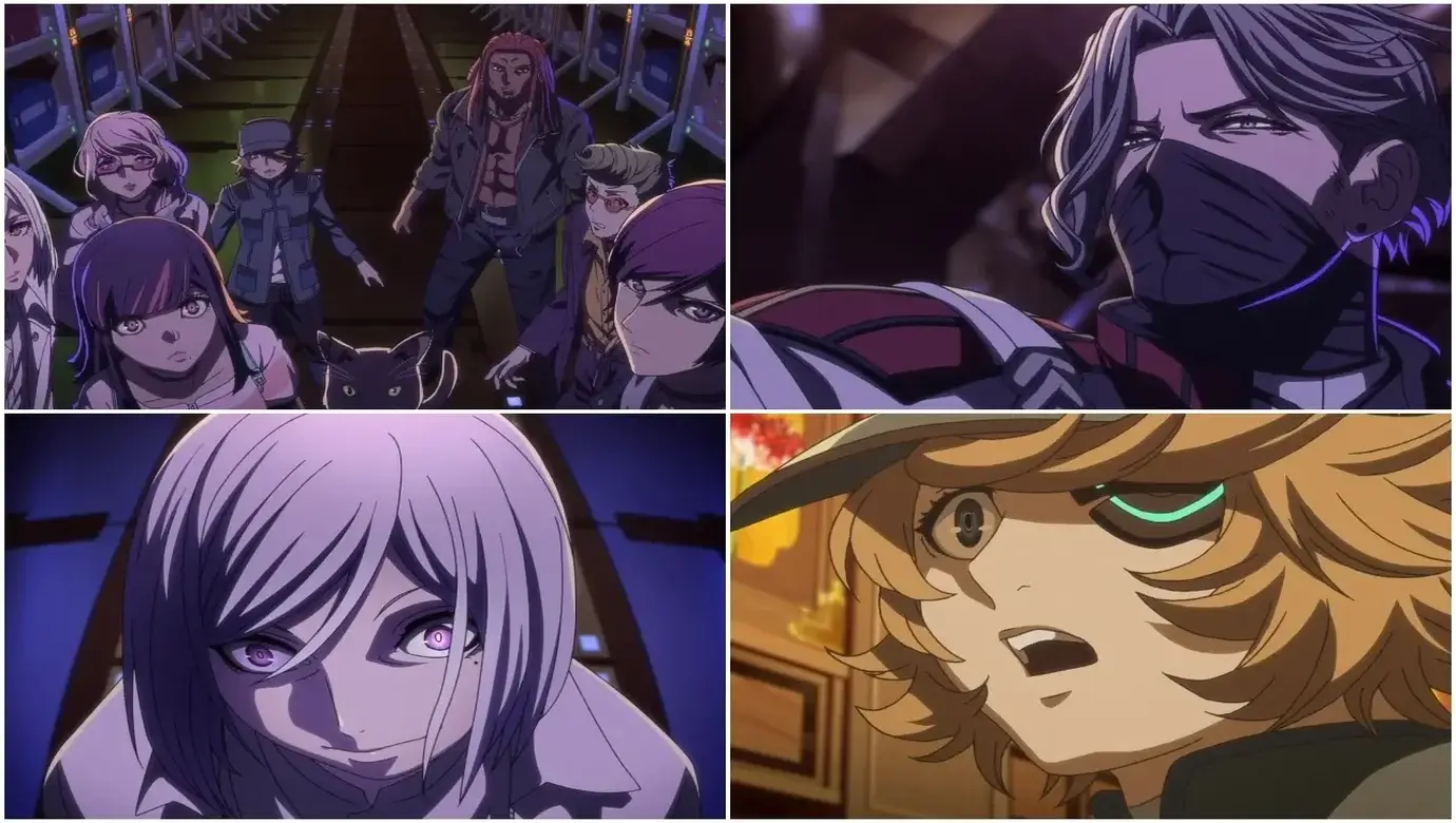 Collage de escenas del anime Akudama Drive con el grupo de criminales y primeros planos intensos