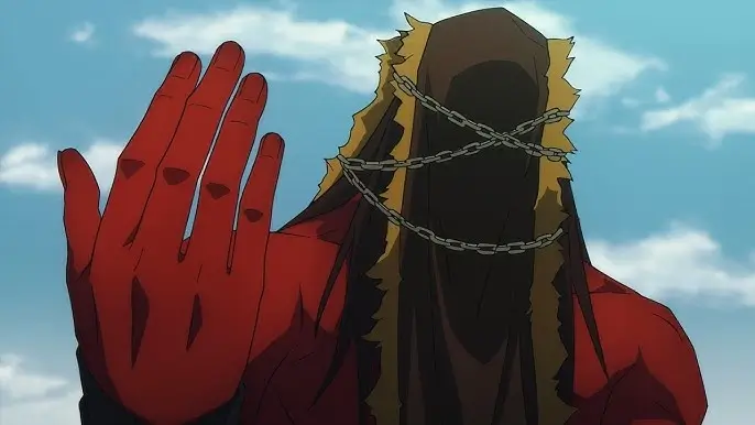 Servant con cuerpo rojo encadenado y máscara oscura en Fate/strange Fake