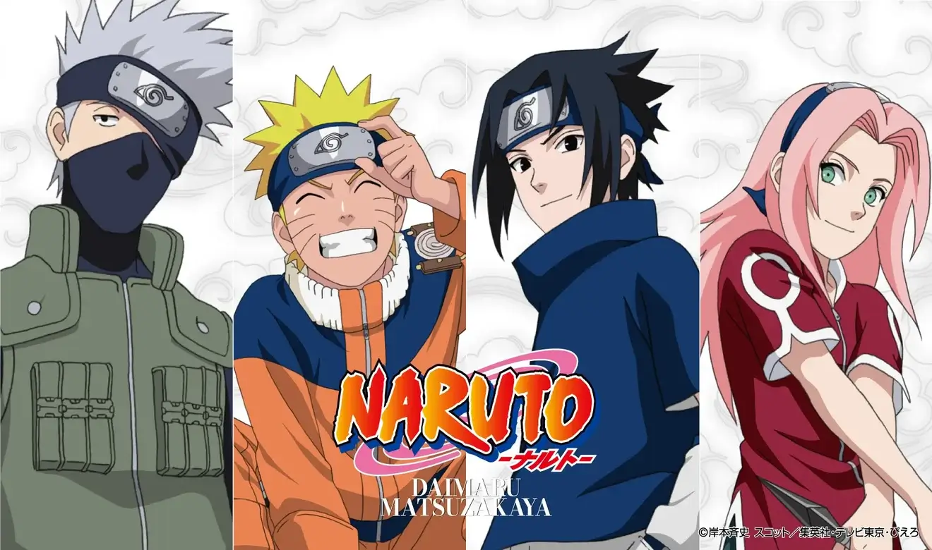Ilustración de Naruto con su equipo principal del anime Naruto en pose frontal