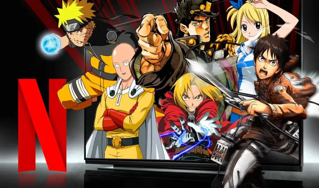 Collage de personajes de anime clásicos frente al logo de Netflix representando el catálogo de series de animación japonesa en la plataforma
