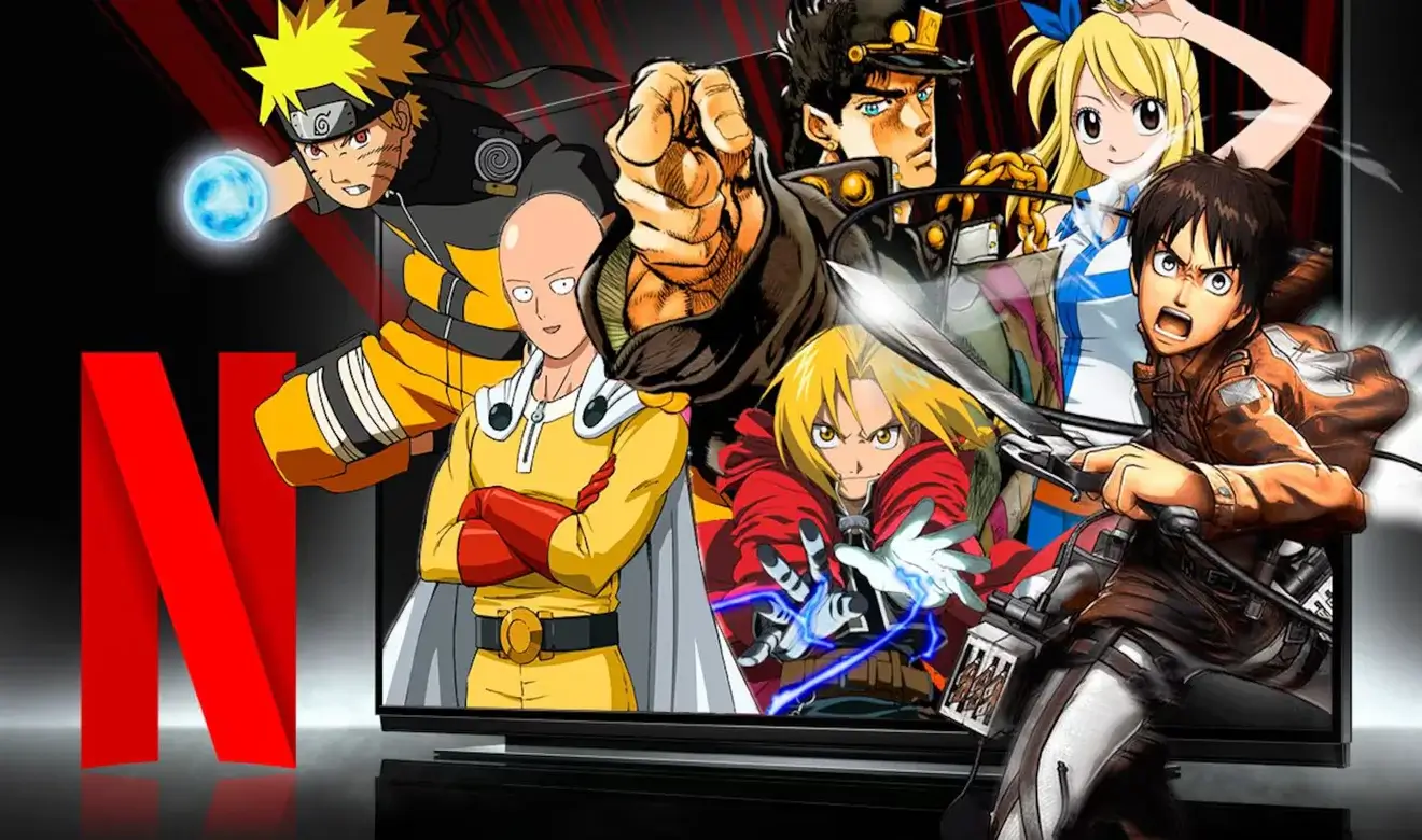 Collage de personajes de anime clásicos frente al logo de Netflix representando el catálogo de series de animación japonesa en la plataforma
