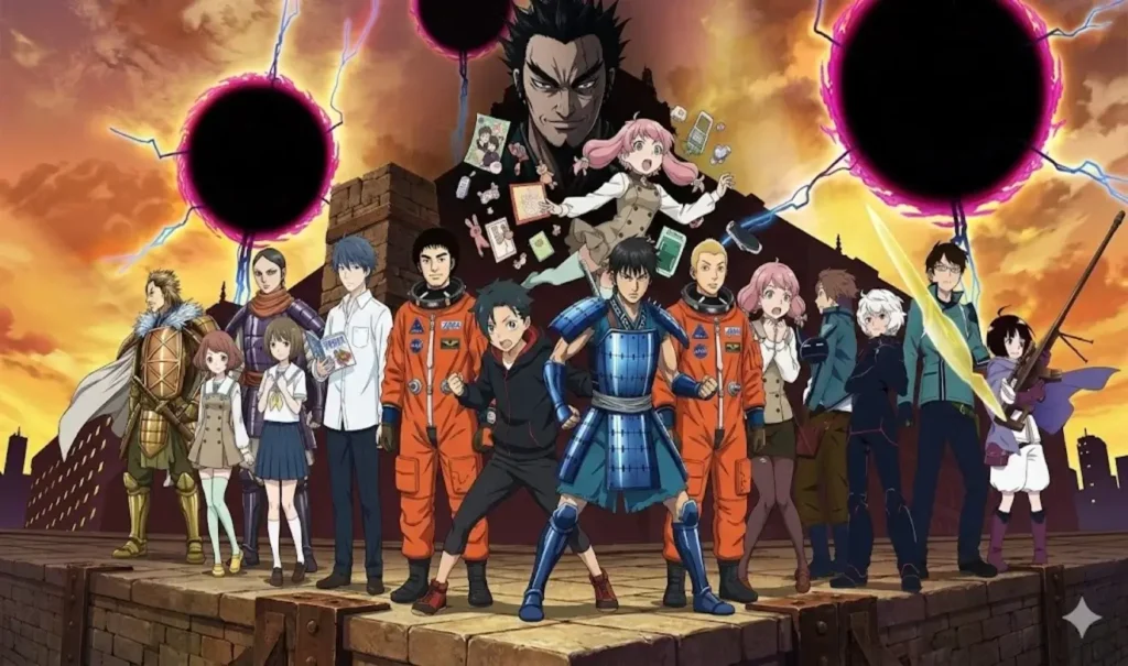Crossover de animes con héroes de Kingdom, Space Brothers, Sakurada Reset, Punch Line y World Trigger sobre una plataforma