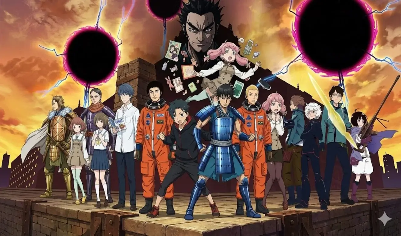 Crossover de animes con héroes de Kingdom, Space Brothers, Sakurada Reset, Punch Line y World Trigger sobre una plataforma