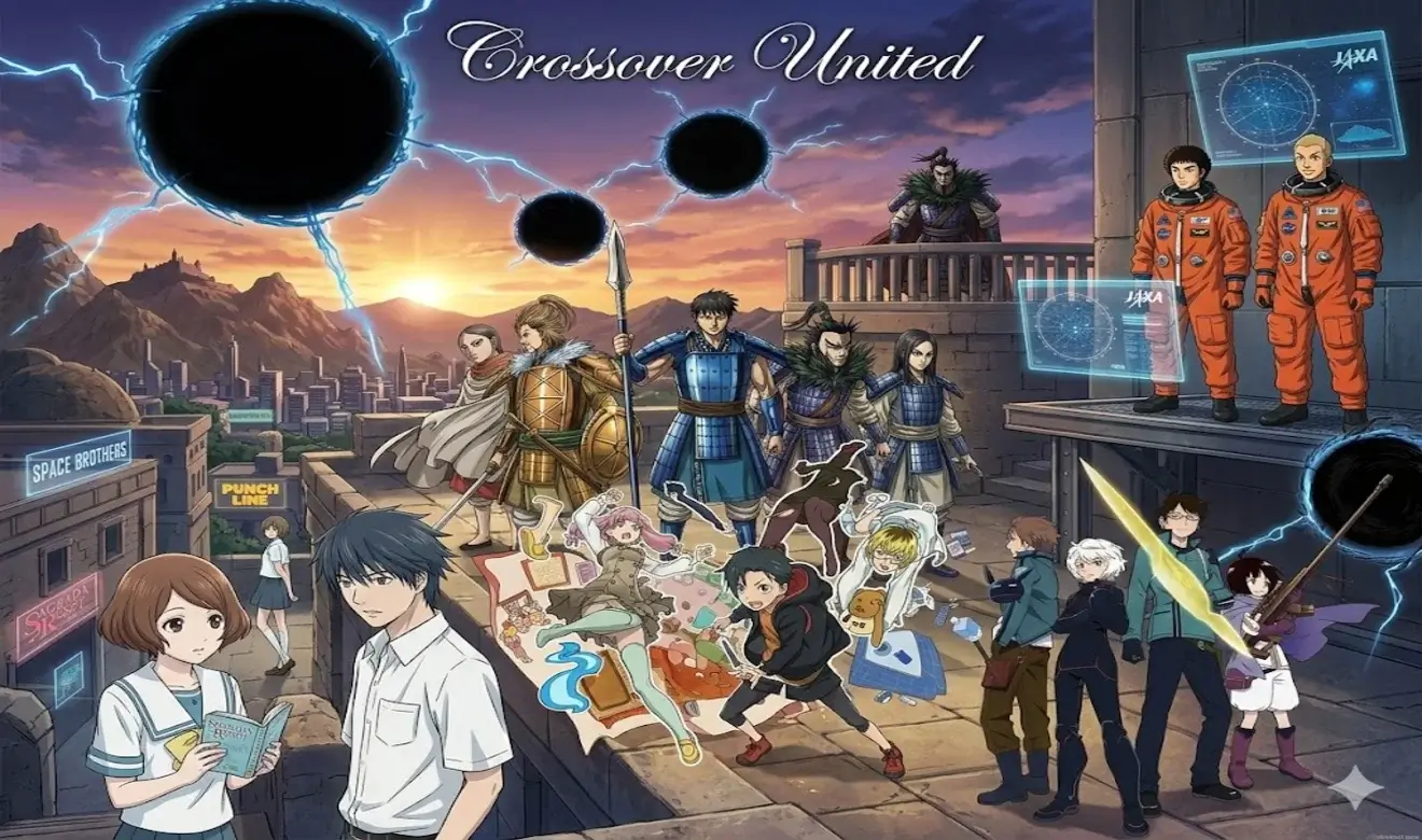 Ilustración Crossover United con personajes de varios animes como Kingdom, Space Brothers, Punch Line y World Trigger