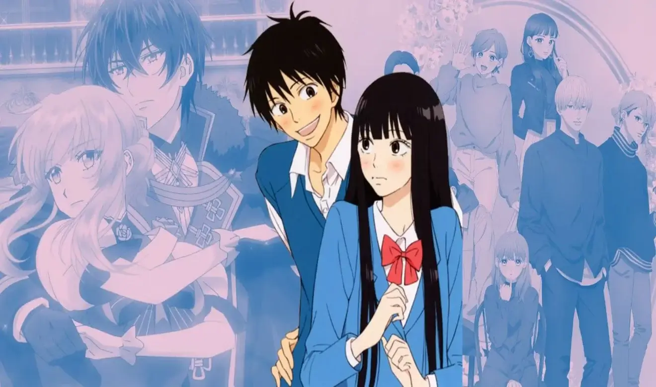 Collage de animes shojo con parejas románticas y personajes de instituto