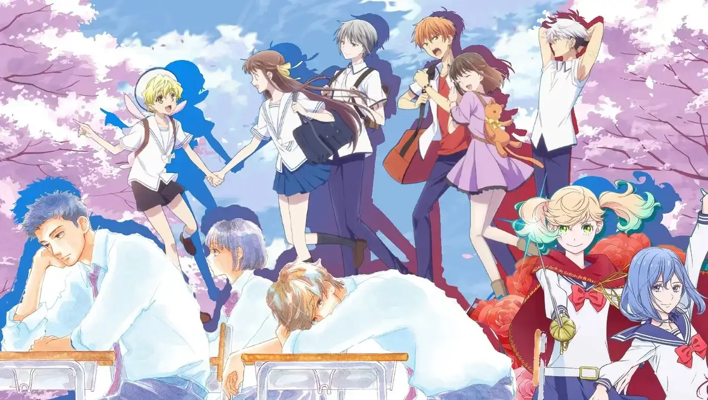 Personajes de distintos animes shoujo caminando bajo cerezos en flor en un póster colorido