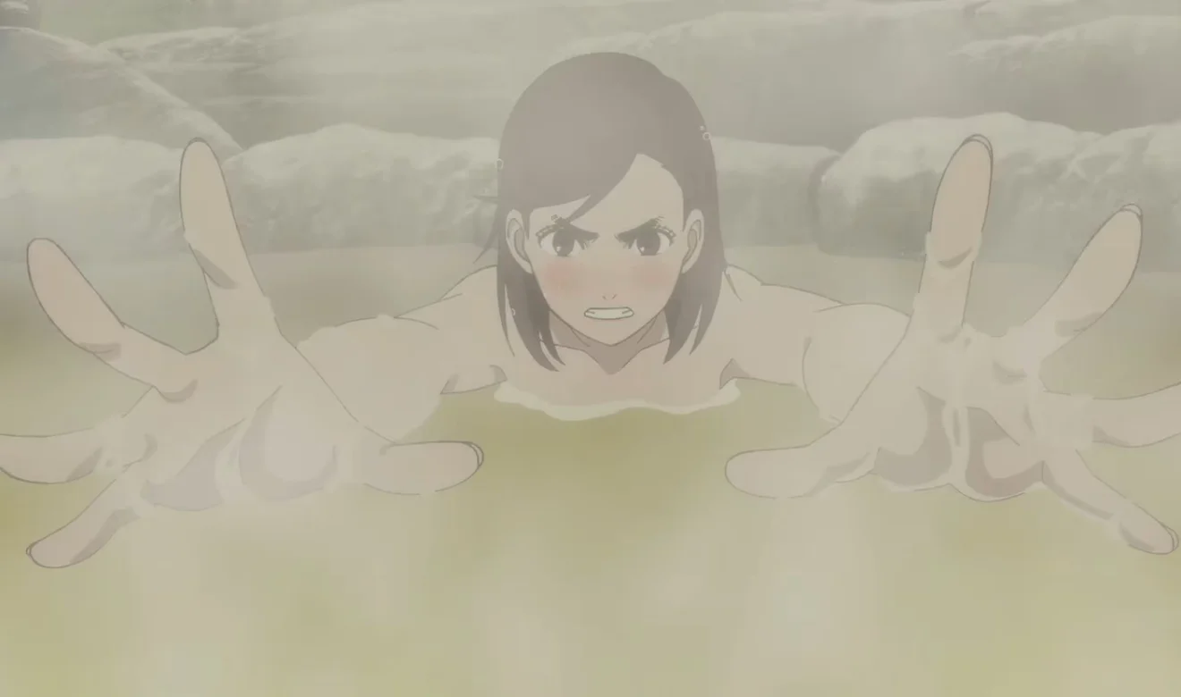 Escena del anime Dandadan con un personaje saliendo de un baño termal