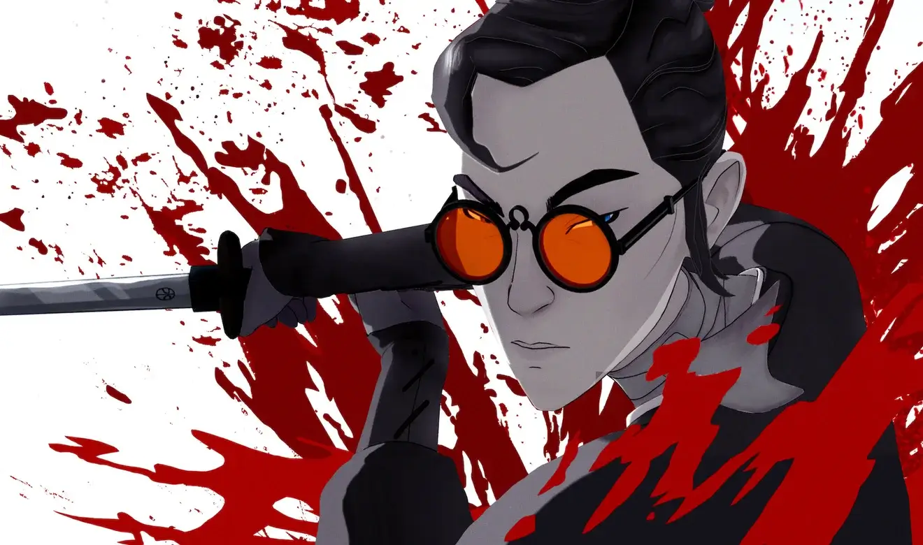Personajes principales de Blue Eye Samurai sobre un fondo rojo