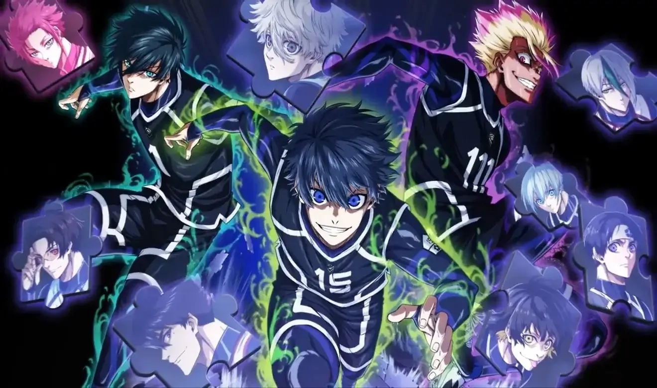 Imagen promocional del anime Blue Lock con varios jugadores de fútbol rodeados de aura energética