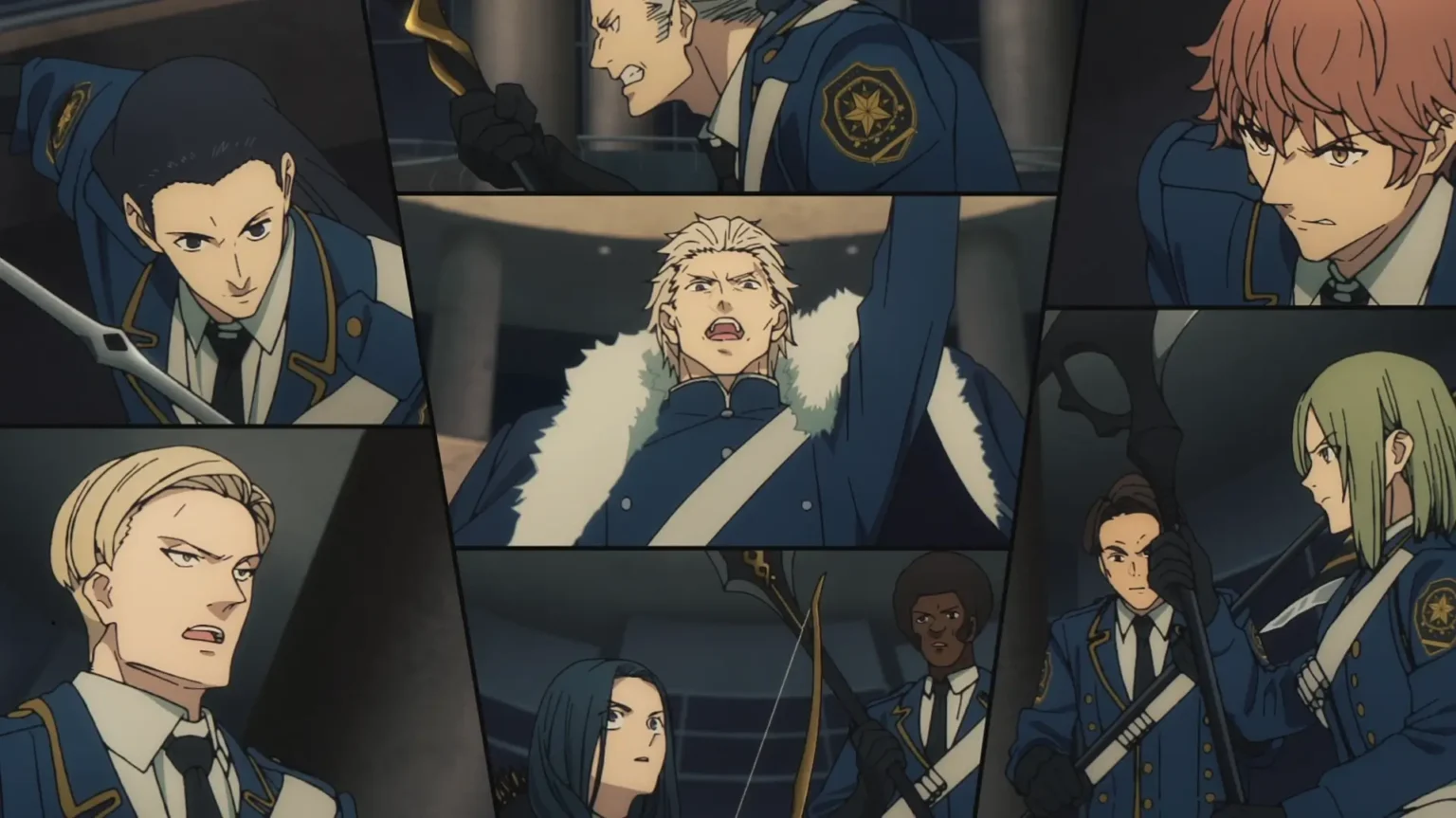 Miembros del clan de magos con uniformes azules en Fate/strange Fake