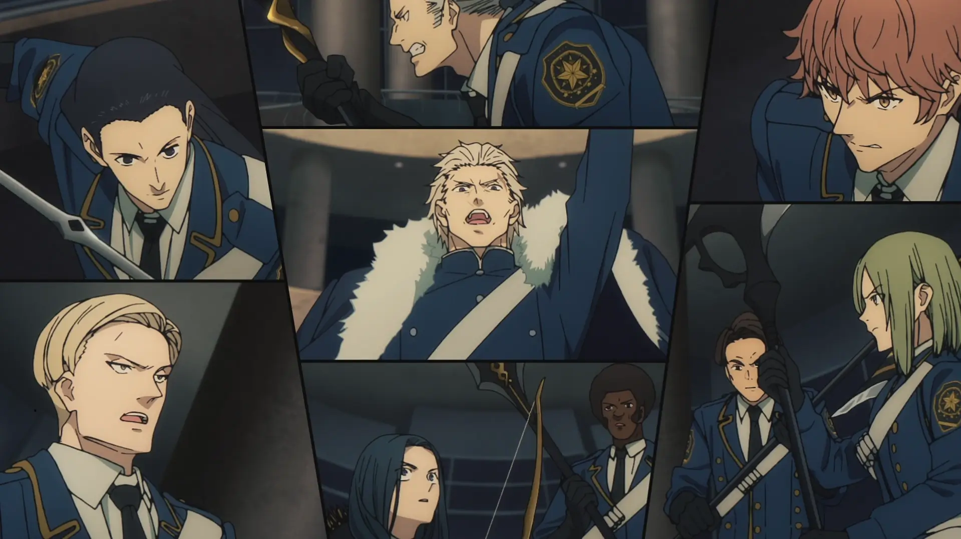Miembros del clan de magos con uniformes azules en Fate/strange Fake