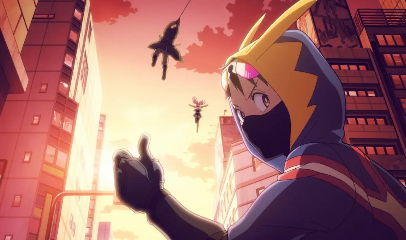 The Crawler levantando el pulgar en la ciudad al atardecer en el manga y anime My Hero Academia: Vigilantes