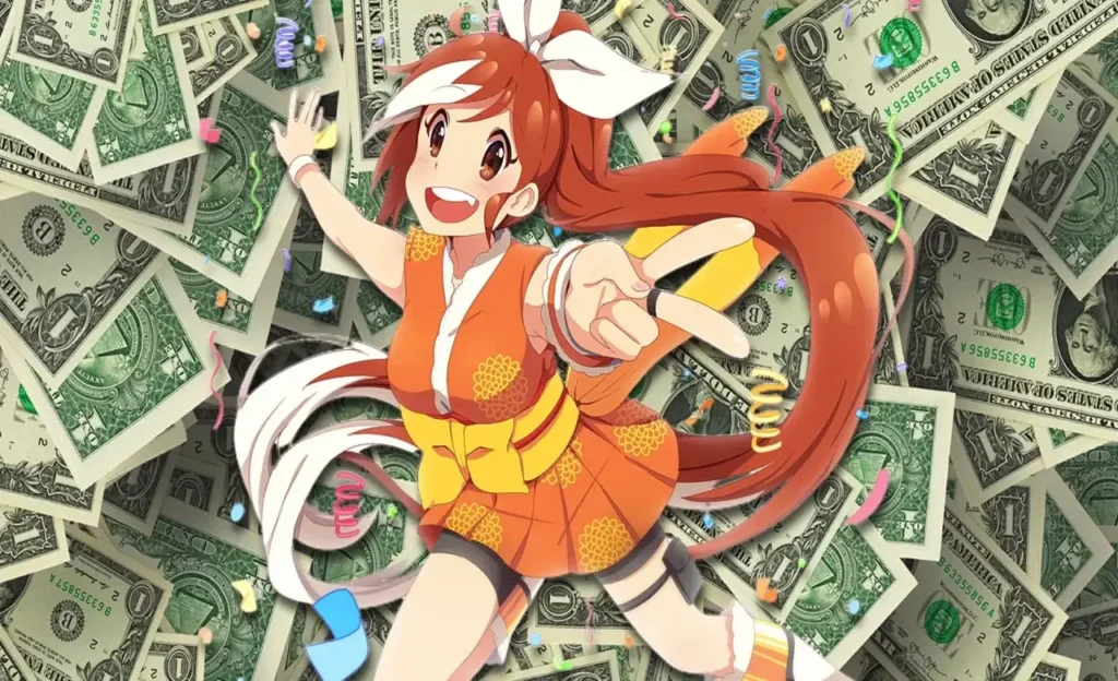 Mascota de Crunchyroll sobre un fondo de billetes de dólar simbolizando la subida de precios