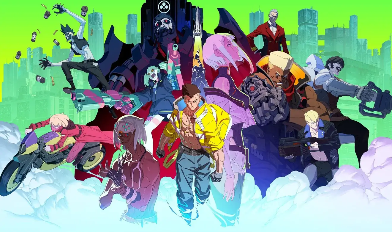 El elenco de Cyberpunk Edgerunners posando con armas y estética futurista neón en el anime cyberpunk de Netflix