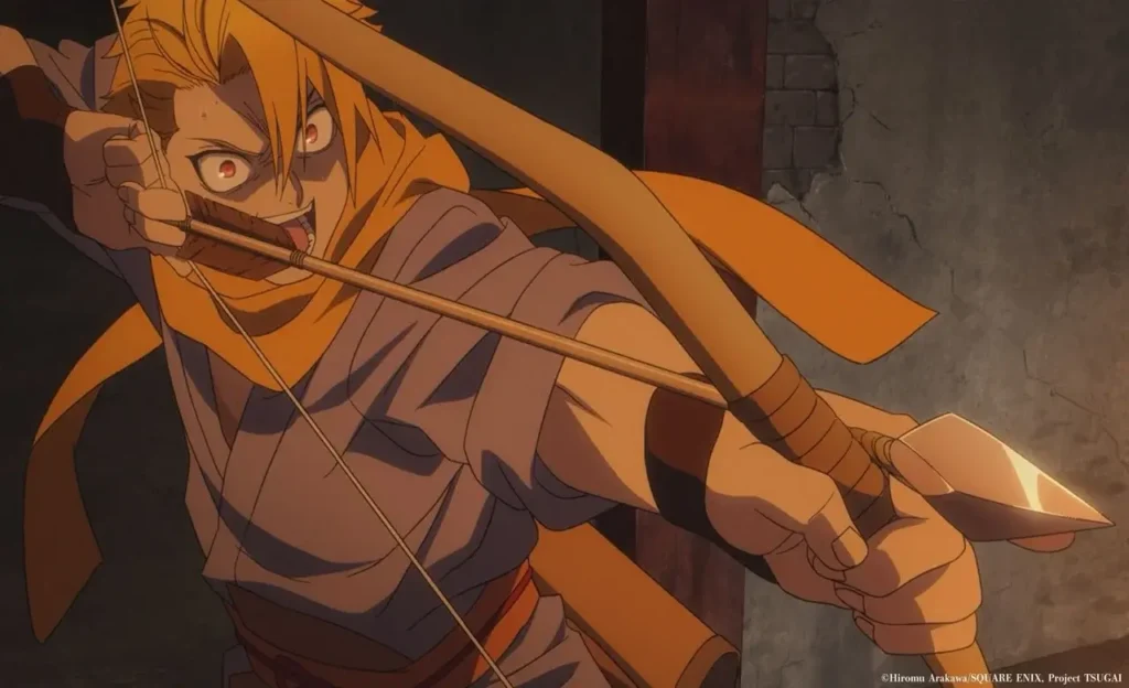 Protagonista de Daemons of the Shadow Realm apuntando con arco en el anime de Hiromu Arakawa