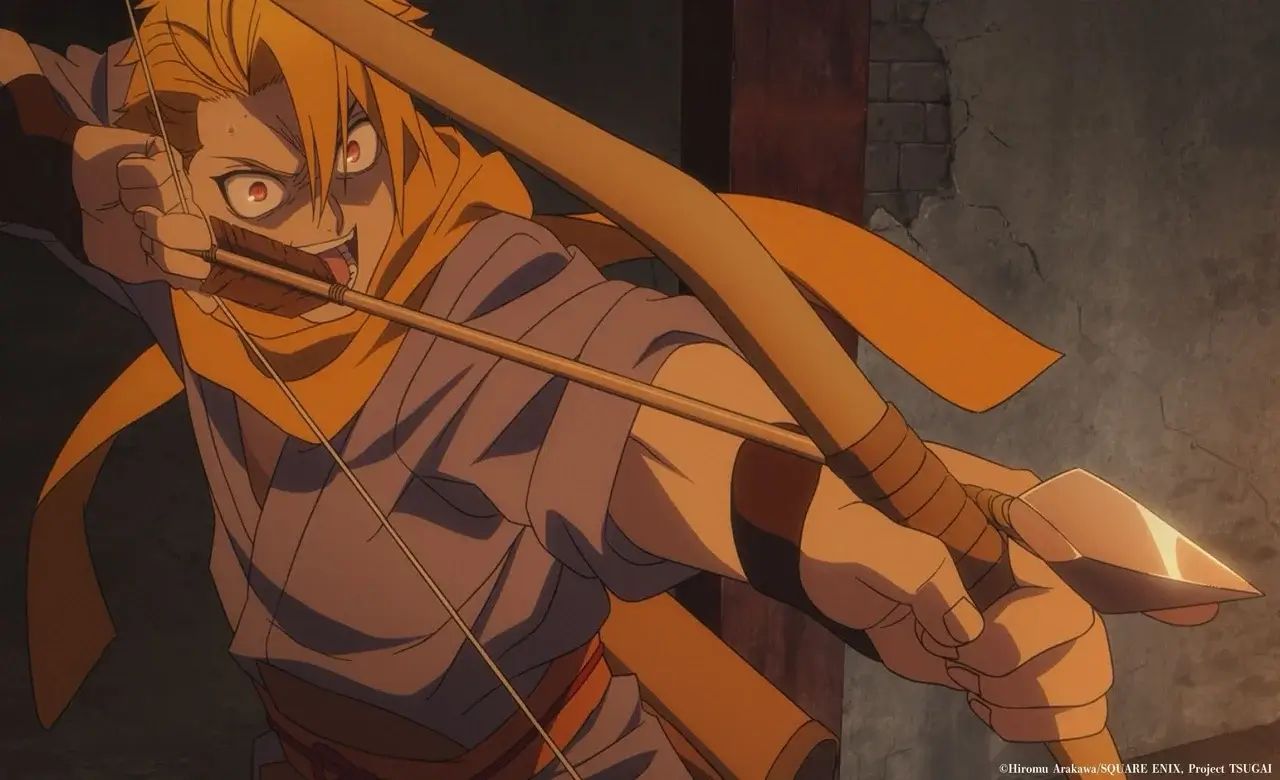 Protagonista de Daemons of the Shadow Realm apuntando con arco en el anime de Hiromu Arakawa