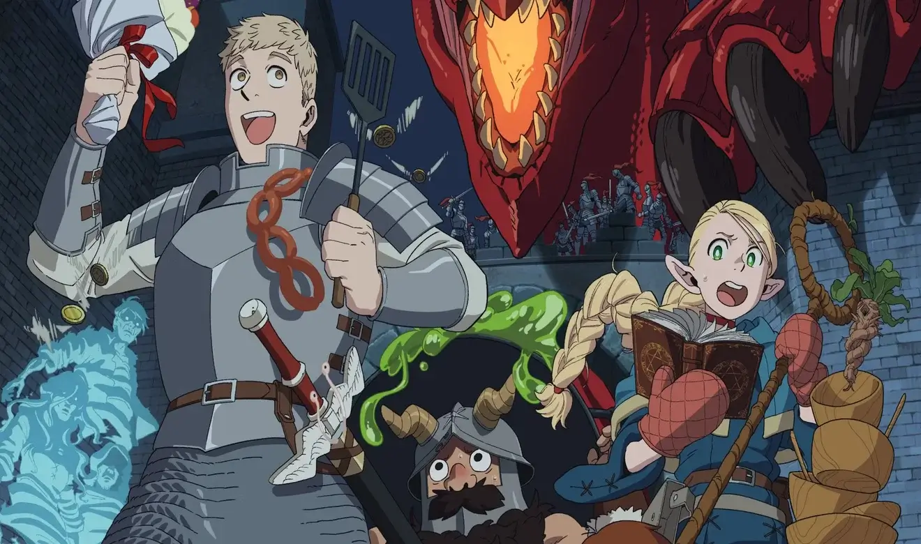 Protagonistas de Tragones y Mazmorras cocinando en plena mazmorra con un dragón al fondo en el anime de fantasía disponible en Netflix