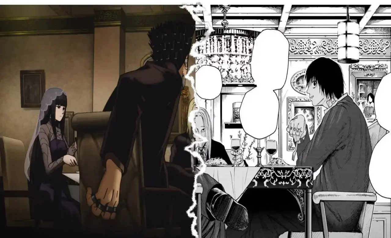 Comparación visual entre una escena del anime de Sakamoto Days y la misma escena en el manga en blanco y negro