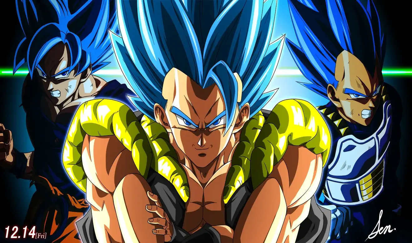 Ilustración de Dragon Ball Super Broly con Gogeta en Super Saiyan Blue en primer plano y Goku y Vegeta transformados al fondo