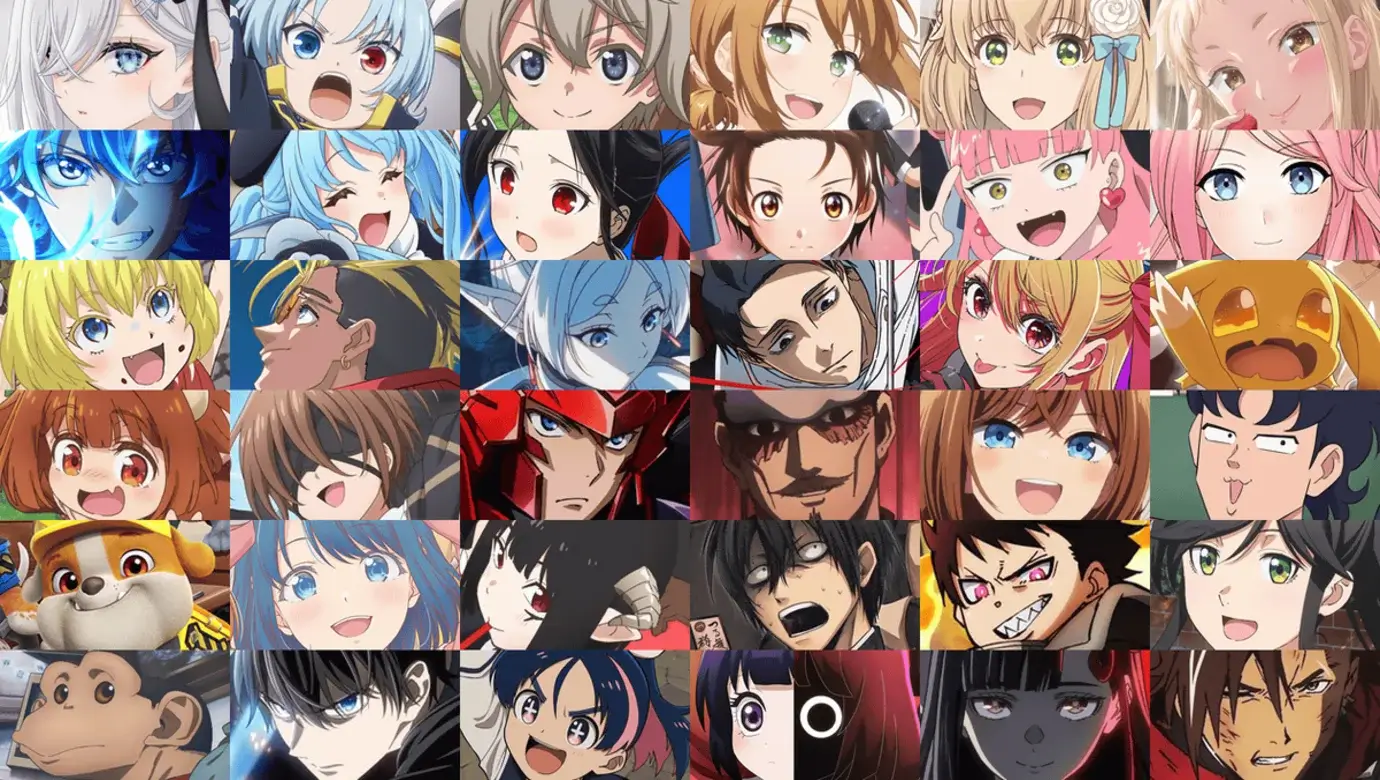 Mosaico con varios protagonistas de series de anime recientes, representando la gran cantidad de estrenos y producciones actuales