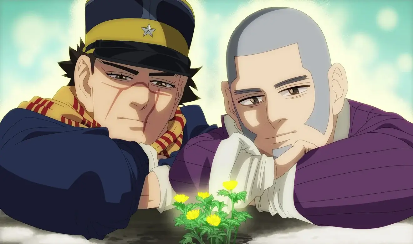 Personajes de Golden Kamuy observando unas flores amarillas en un paisaje luminoso