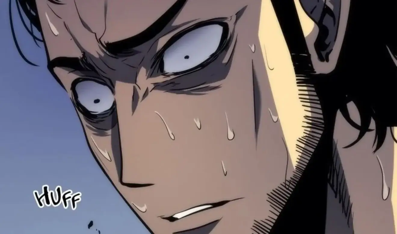 Cazador japonés Goto Ryuji sudando y con expresión de terror en Solo Leveling Temporada 2