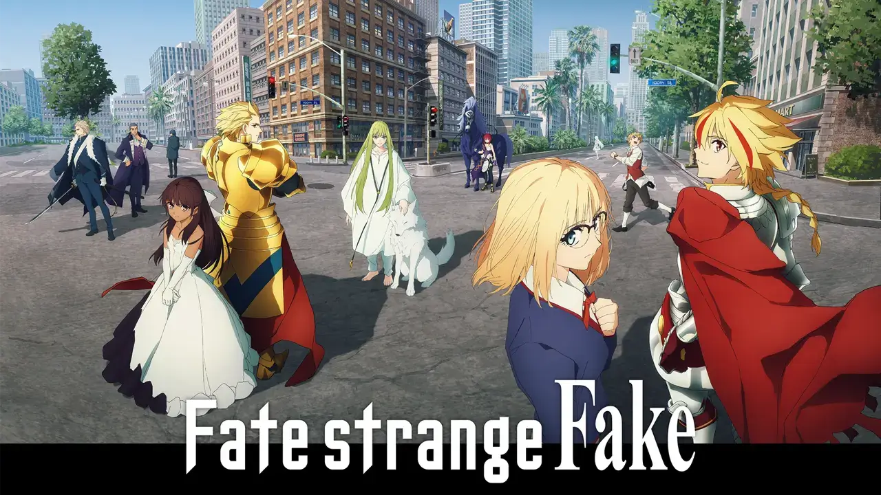 Elenco de personajes de Fate/strange Fake caminando por una ciudad moderna, póster de la Guerra del Santo Grial falsa